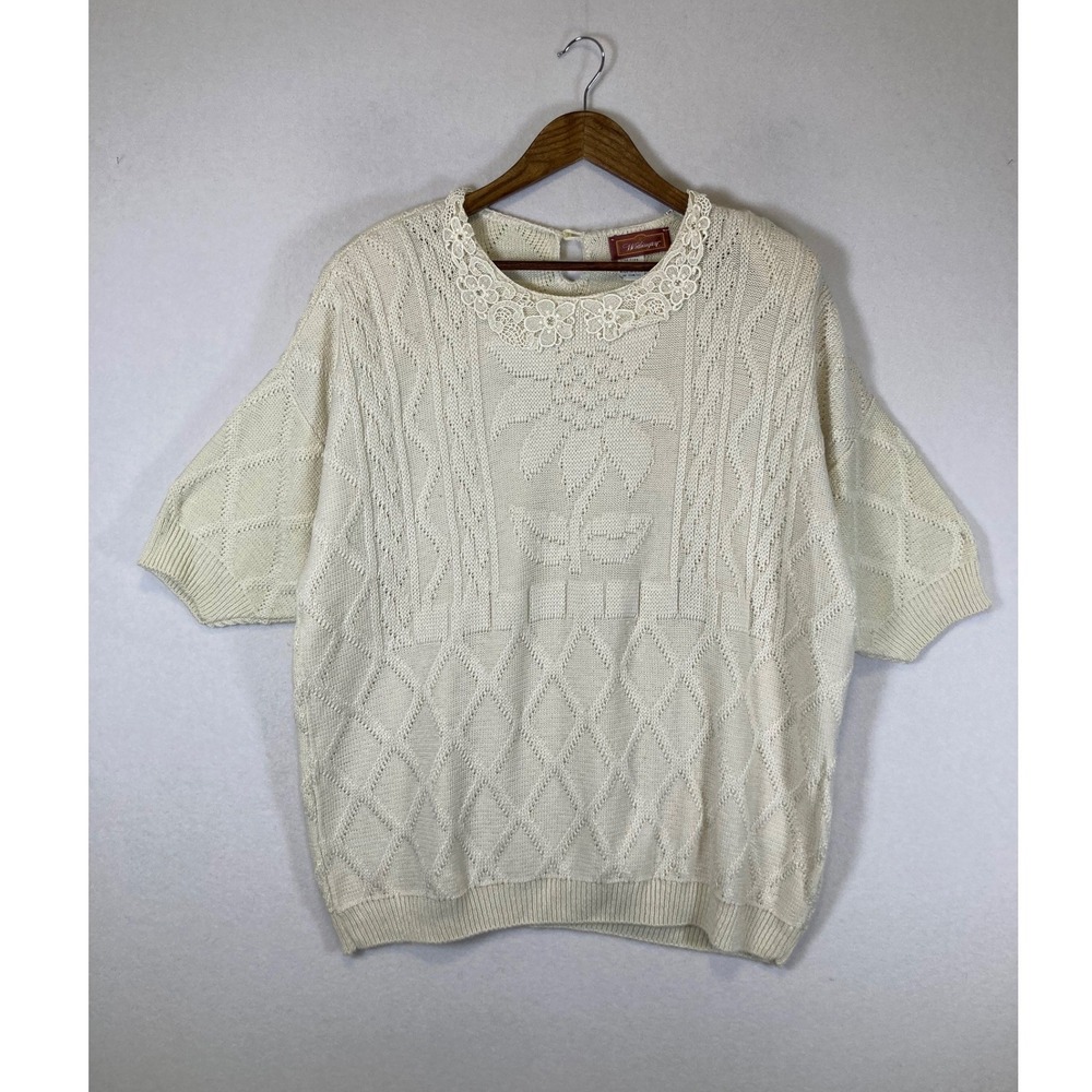 Vintage Cottagecore Worthington Women 22W Cream Lace Collar Short Sleeve Sweater